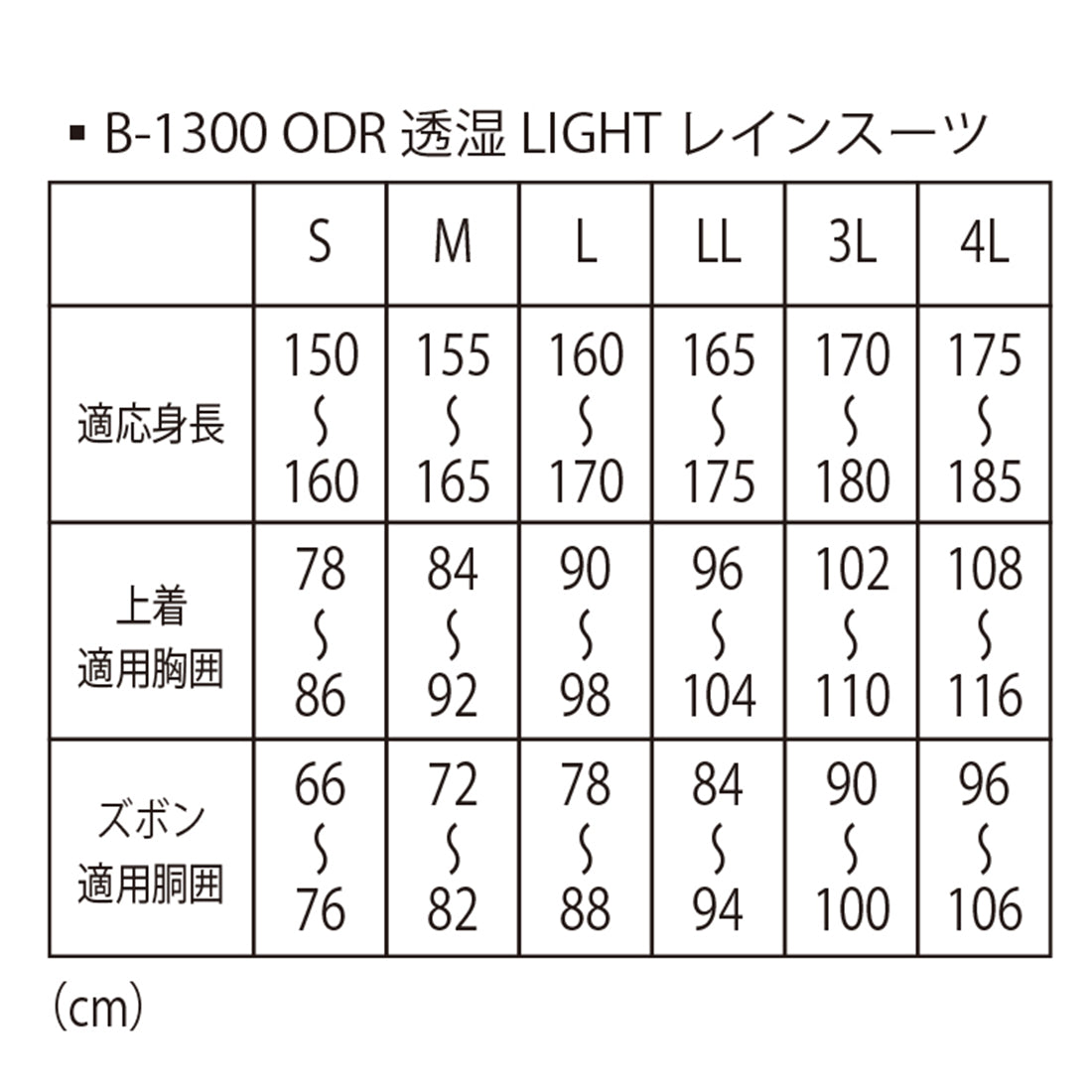 B-1300 ODR透湿LIGHTレインスーツ