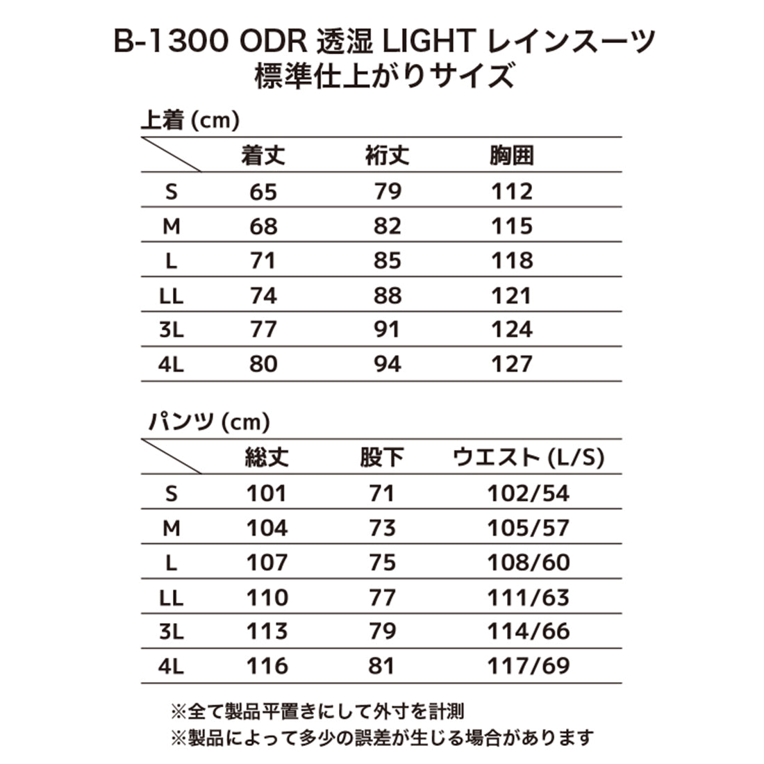 B-1300 ODR透湿LIGHTレインスーツ