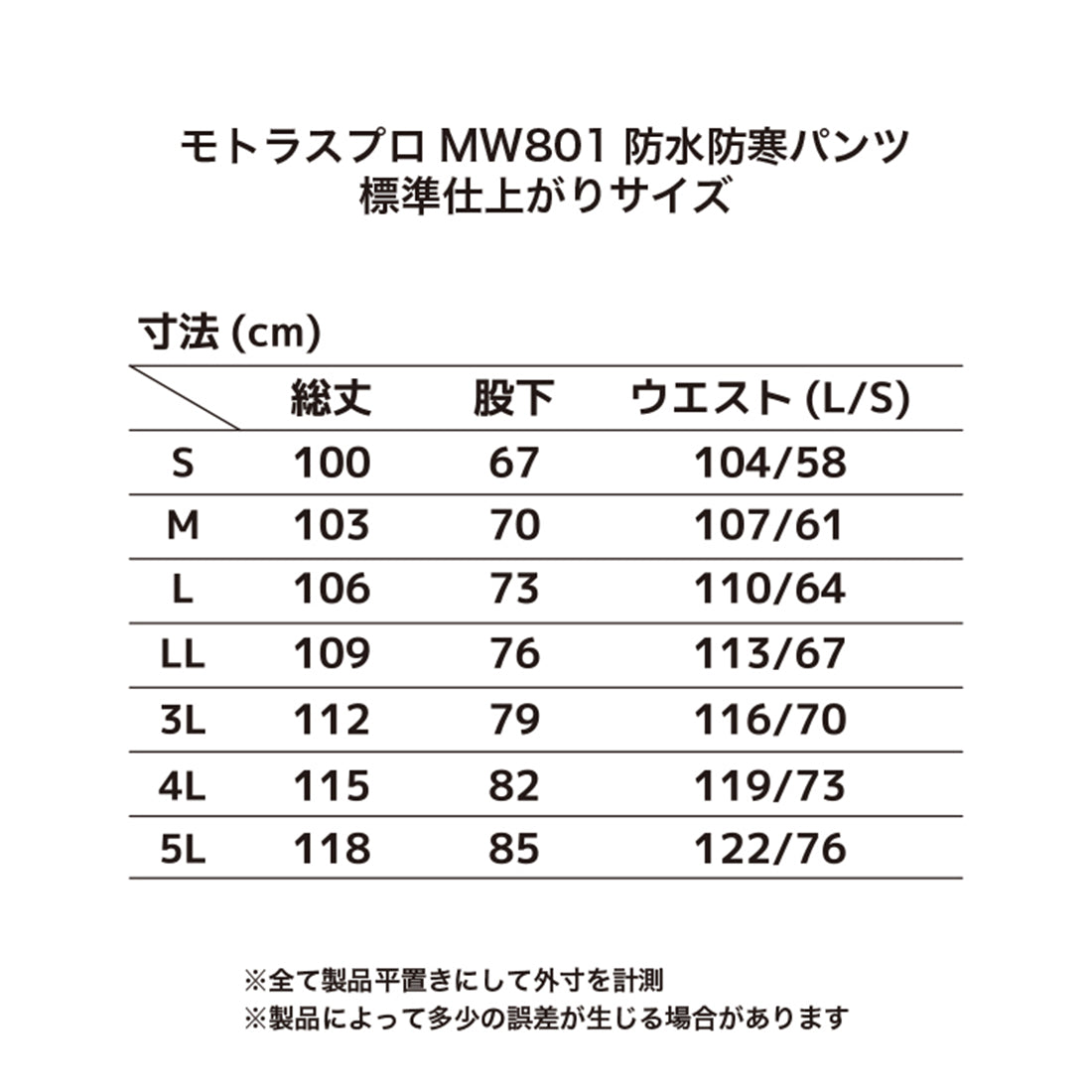 モトラスプロ MW801 防水防寒パンツ